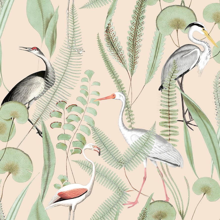belgisches Tapeten Design beige grün Vögel Decoprint aus Berlin online kaufen