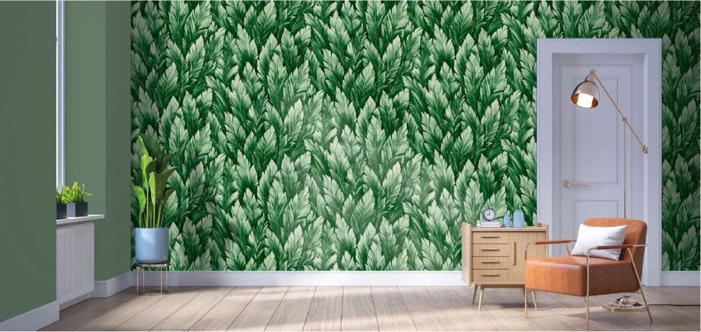 Tapete grün im Wohnzimmer aus der Hohenberger Tapeten Manufaktur in Deutschland