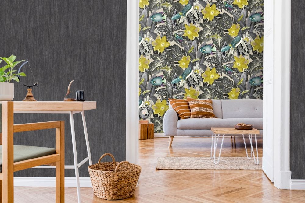 Tapete Blumen beige gelb grau  im Wohnzimmer aus der Hohenberger Tapeten Manufaktur in Deutschland
