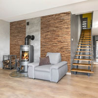 Raumbild Idee Wohnzimmer mit Holzverblender Riemchen für innen