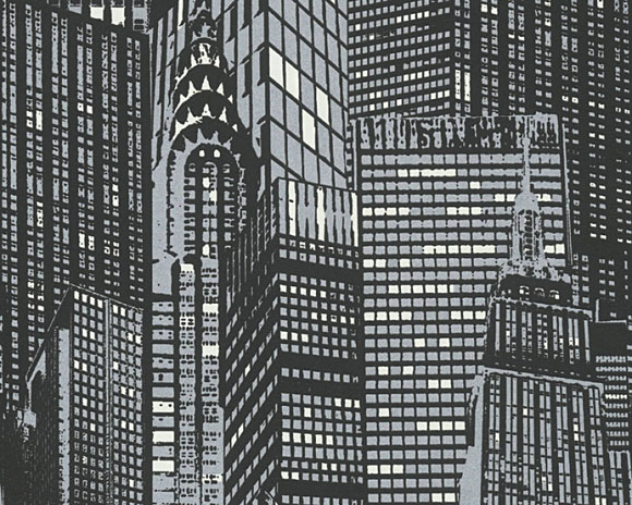 fluoreszierende Tapete schwarz weiß grau mit Hochhäusern, bei denen manche Fenster 
            leuchten