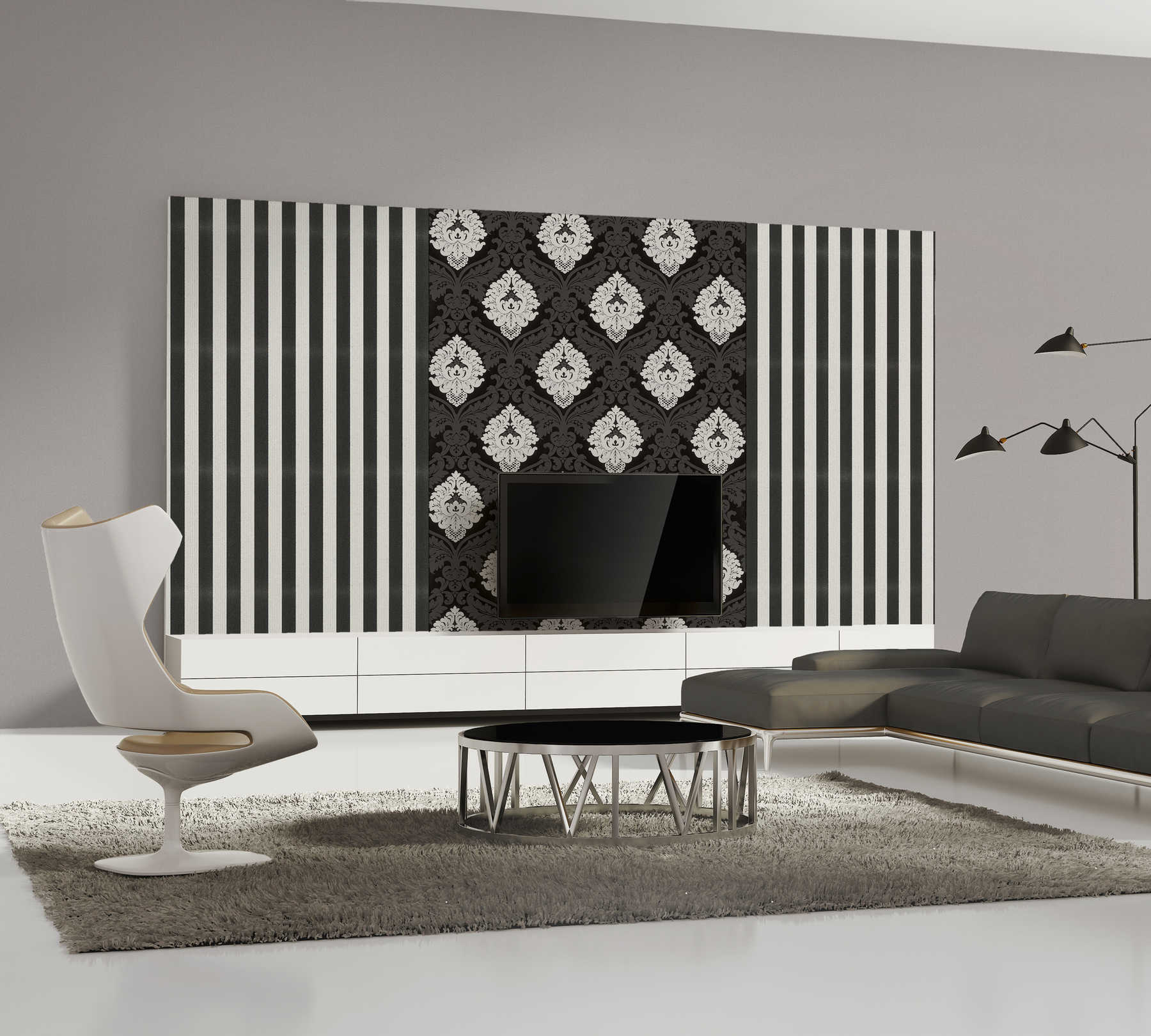 exclusive schwarz weiss Design Tapeten Barock und Streifen im modernen Wohnzimmer in Berlin