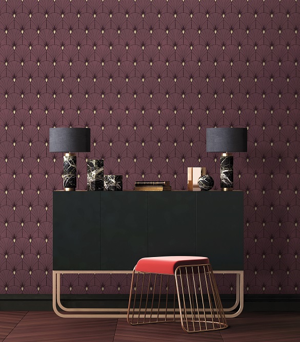 Tapete im Wohnzimmer Art Deco Muster violett lila schwarz in Berlin kaufen
